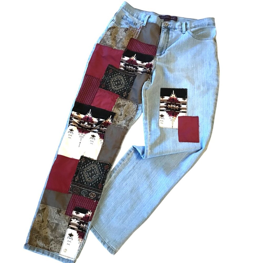 Upcycled Southwest Patchwork Jeans, Handmade Aztec Tribal Wolves, Women's Sz 12